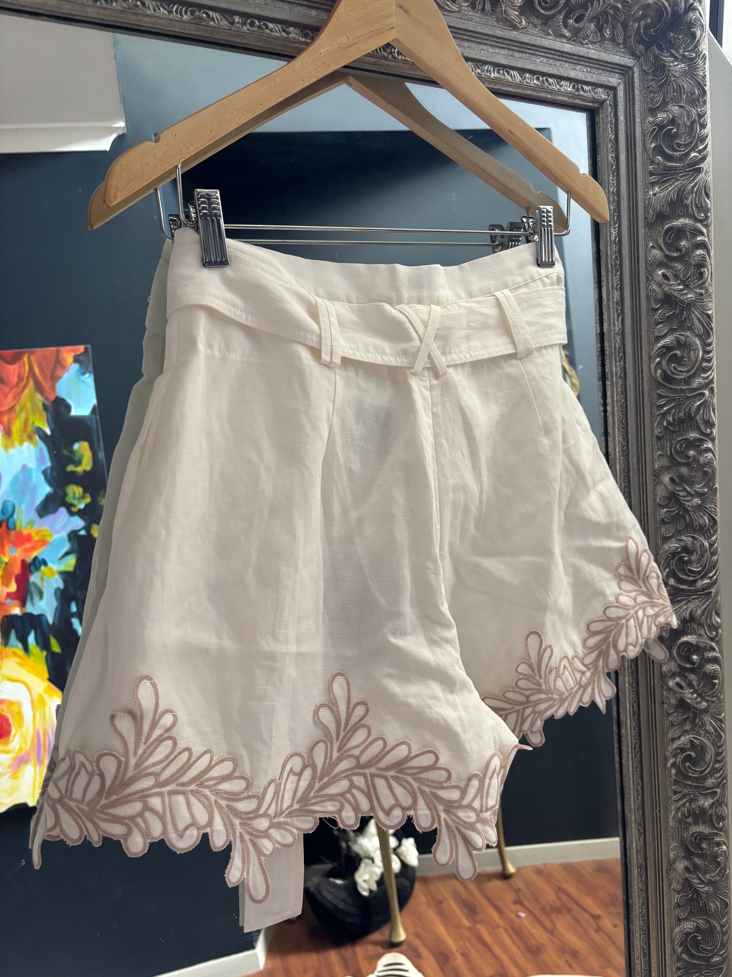 Aje Botanical Trim Ivory Embroidered High Waist Shorts
