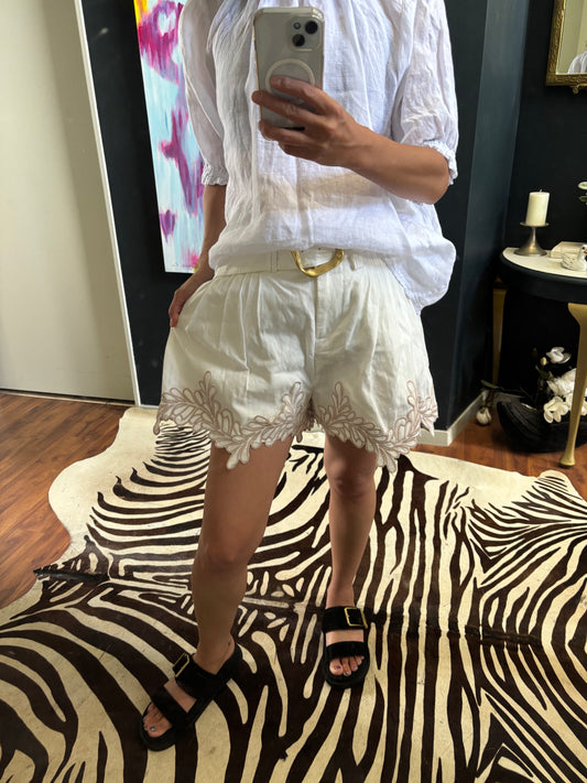 Aje  Botanical Trim Ivory Embroidered High Waist Shorts