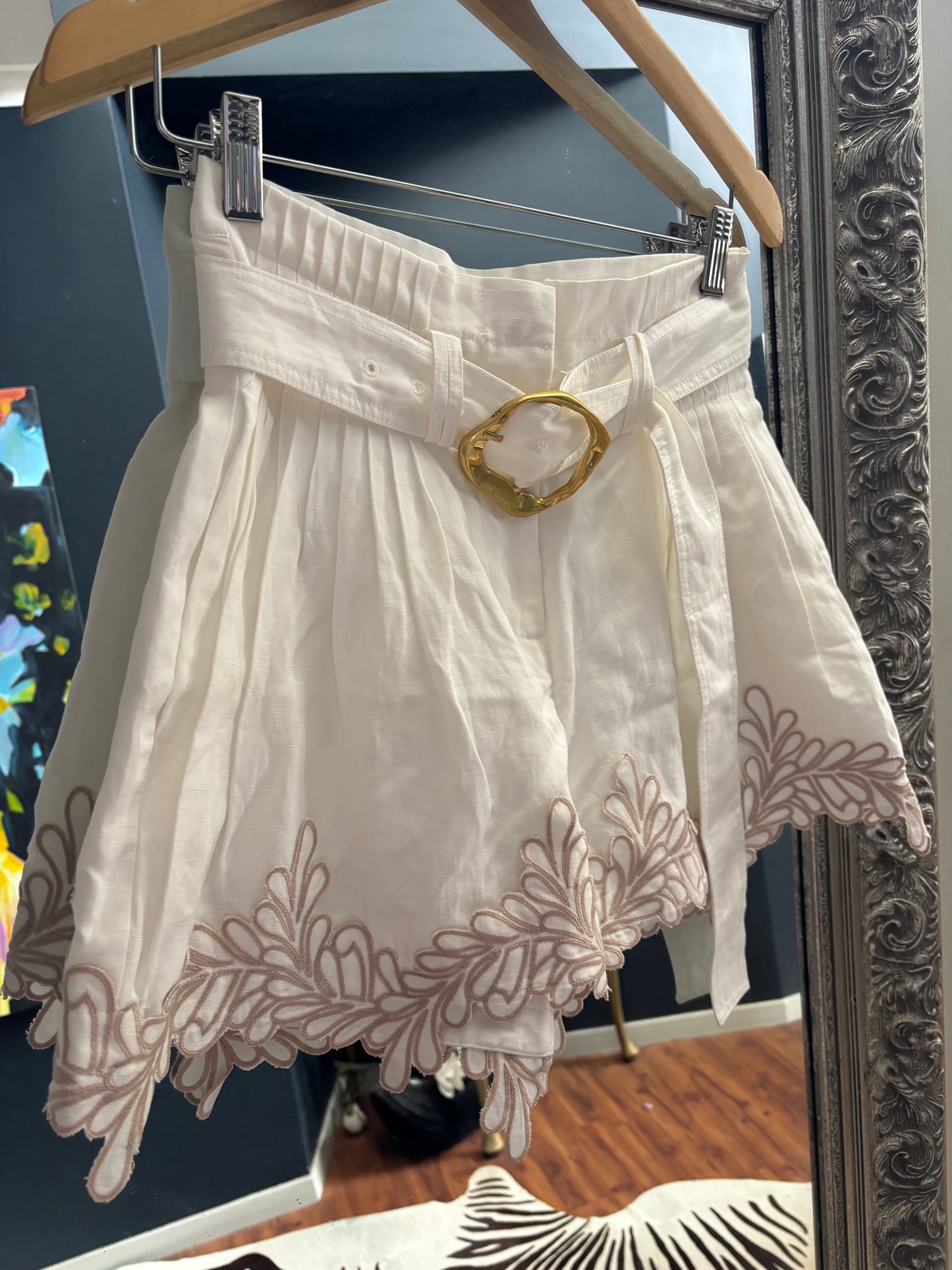 Aje  Botanical Trim Ivory Embroidered High Waist Shorts