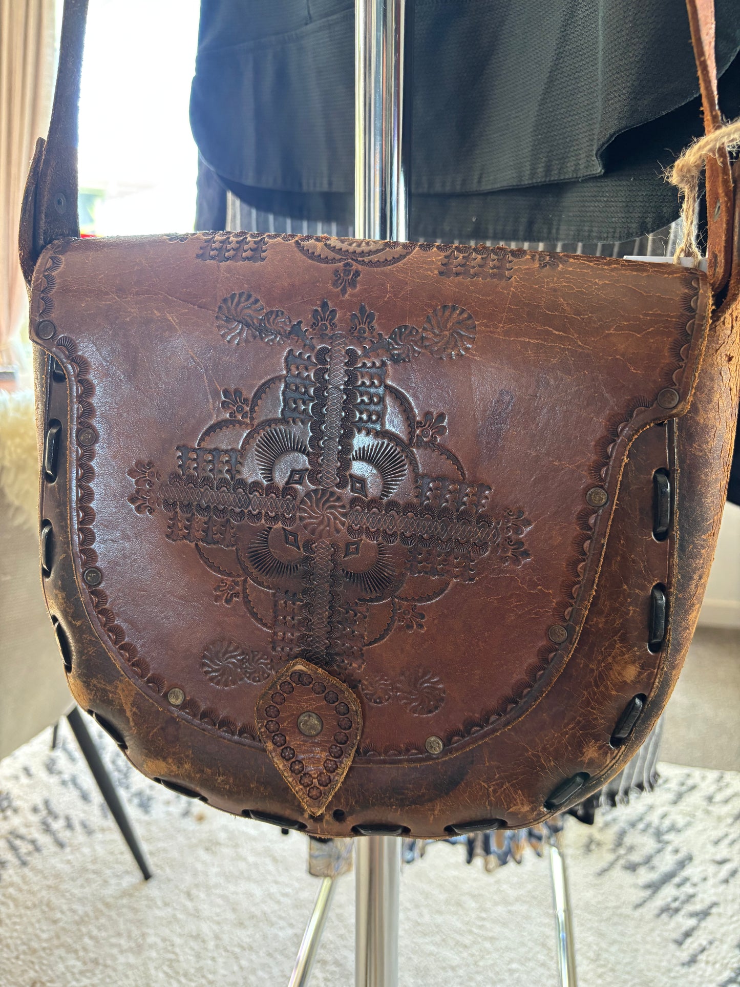 Vintage tooled dark brown leather satchel shoulder bag