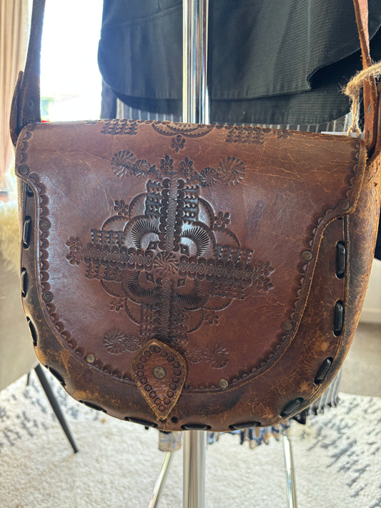 Vintage tooled dark brown leather satchel shoulder bag