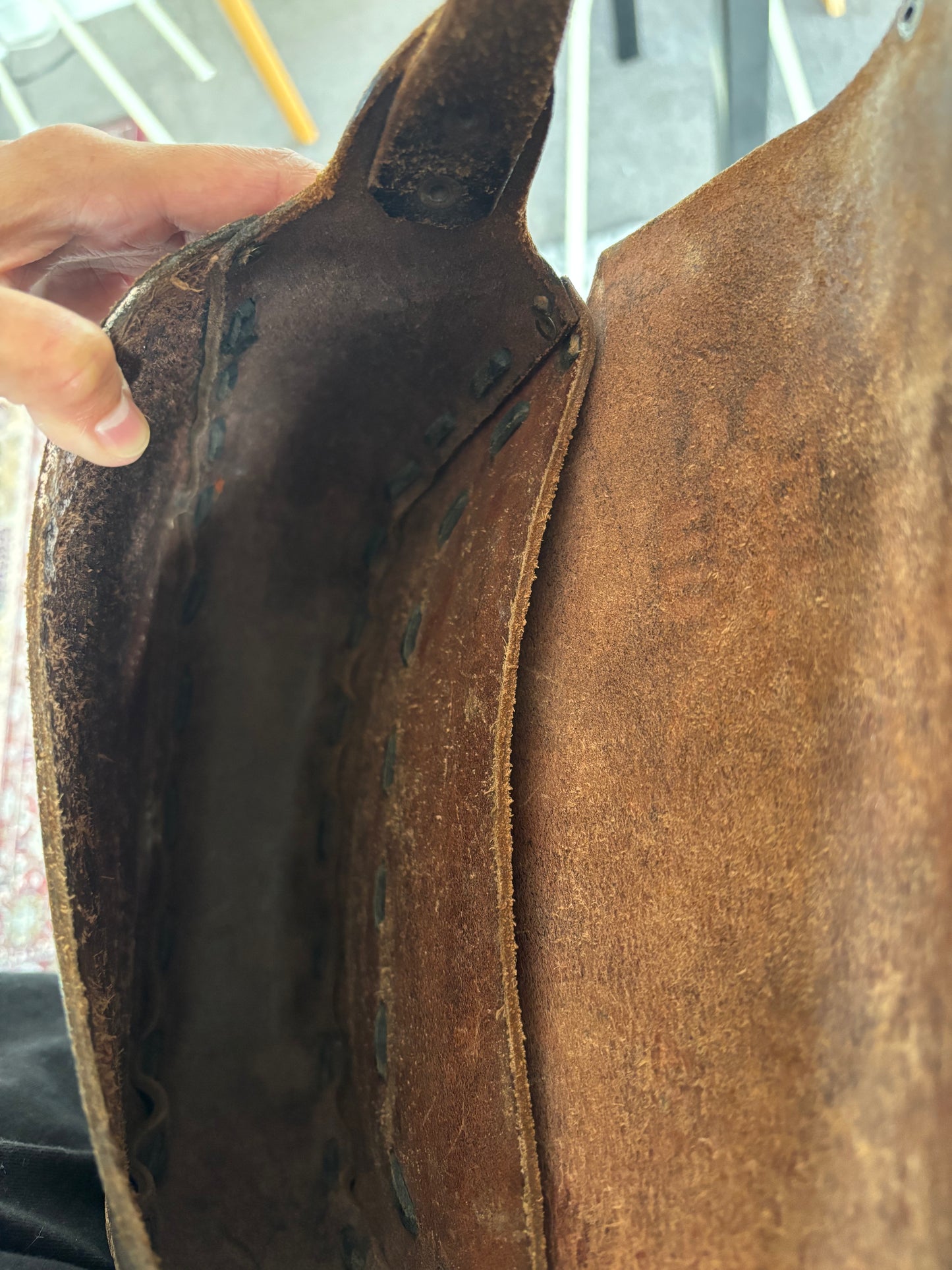 Vintage tooled dark brown leather satchel shoulder bag